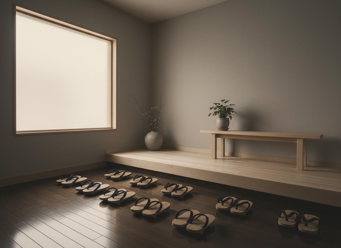 A Japanese genkan entryway with slippers and wooden bench
